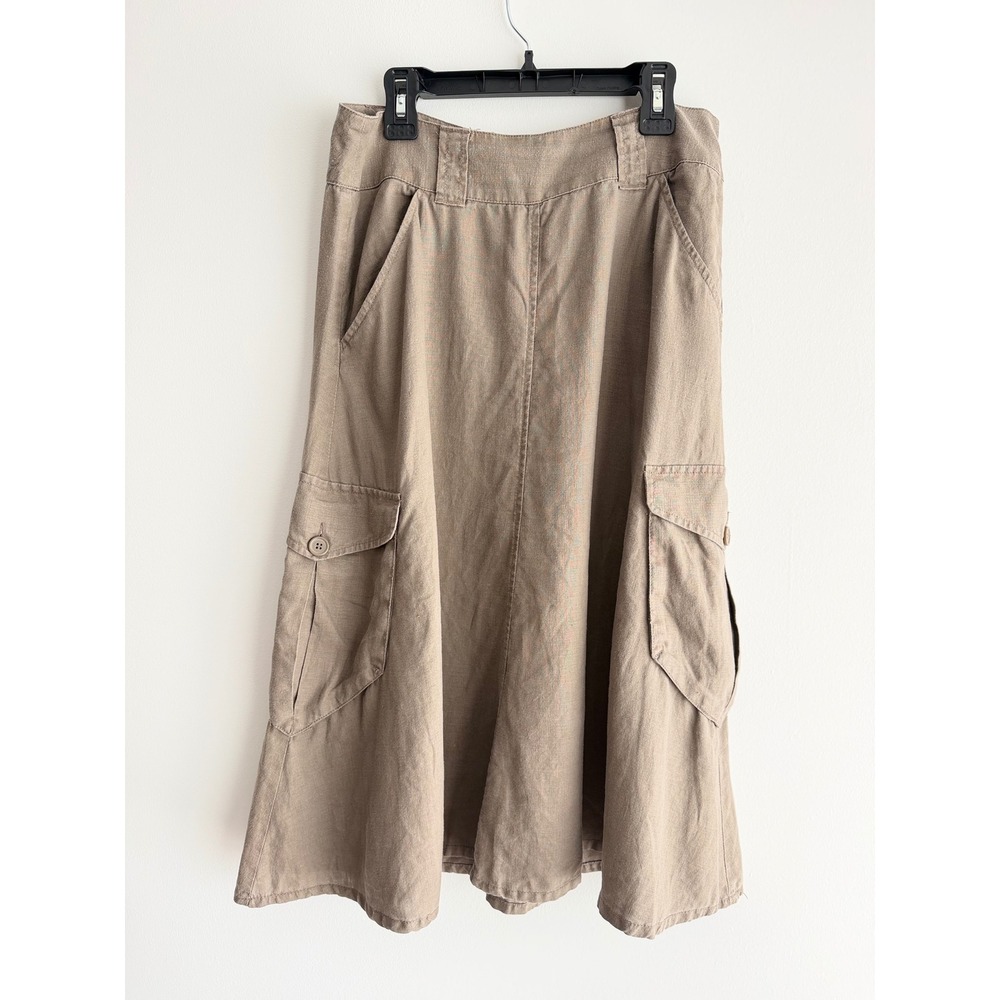 H&M 100% Linen Cargo Midi Skirt Taupe Brown Utility A-Line Size 6 US